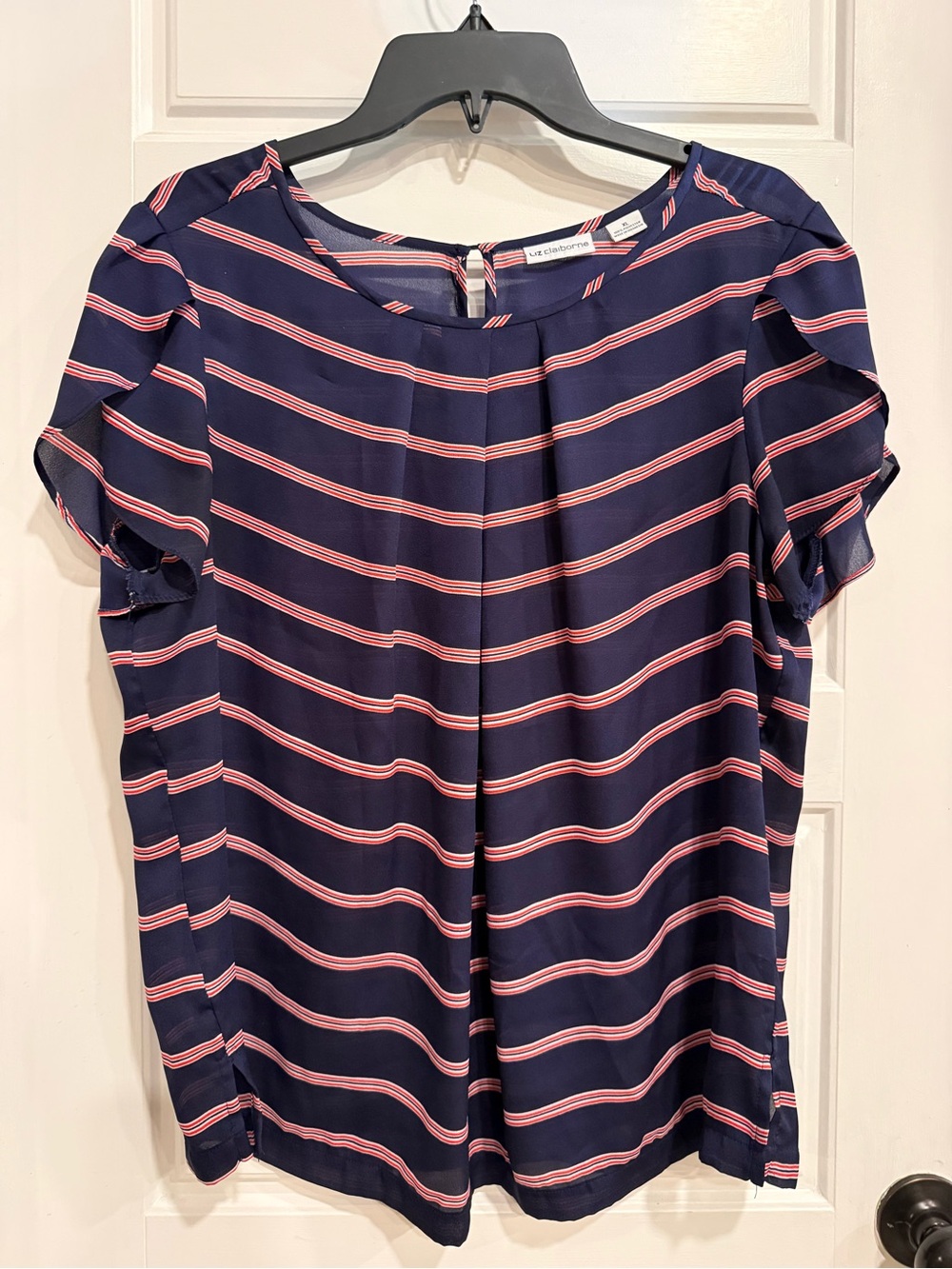 Liz Claiborne XL Navy Red White Striped Short Sleeve Blouse Top